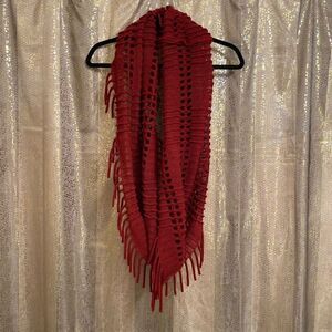 Tickled Pink Maroon Red Boho Fringe Knit Infinity Loop Scarf